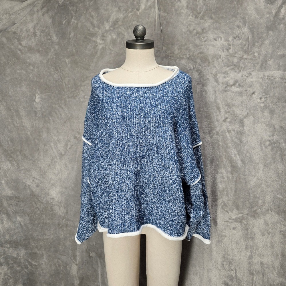 POL Women L Blue Roll Neck Speckled Knit Sweater Oversized Fringe Slouchy Cozy